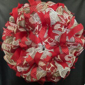 Bright Red Ribbon Deco Mesh Wreath